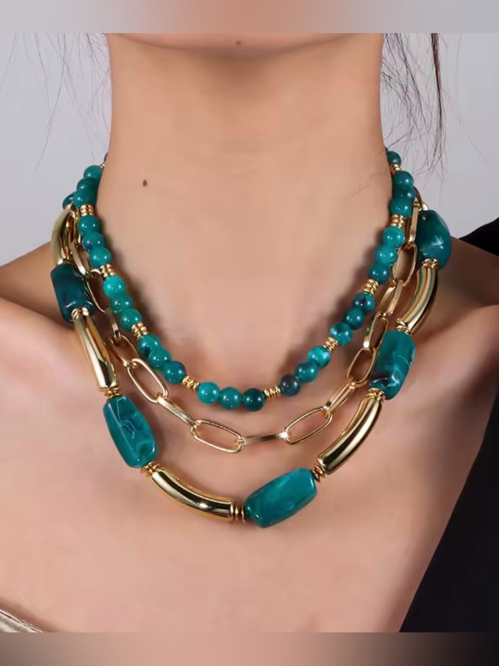Layered Teal Bead and Gold-Link Necklace - Blue Turquoise Jewelry